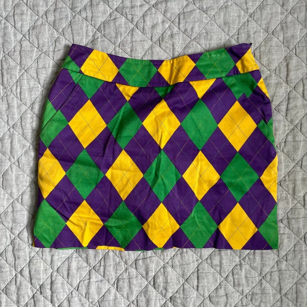 Loudmouth Golf Skort Womens 0 Green Yellow Purple Argyle Plaid Stretch Pockets